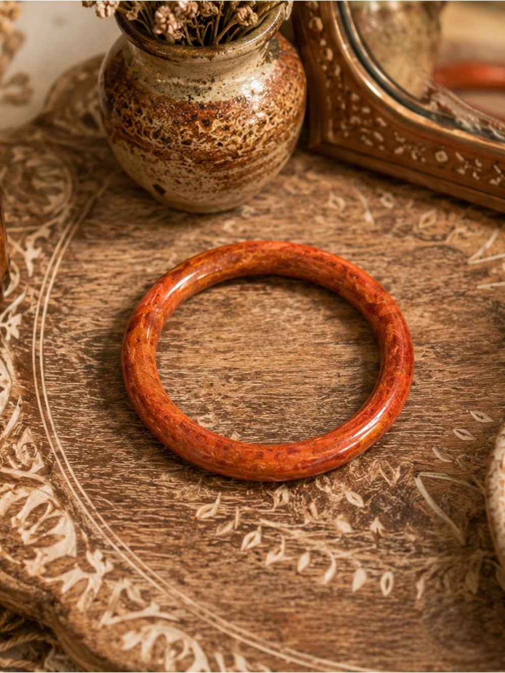 Natural Apple Coral Bangle Bracelet 8.25" Organic Gemstone